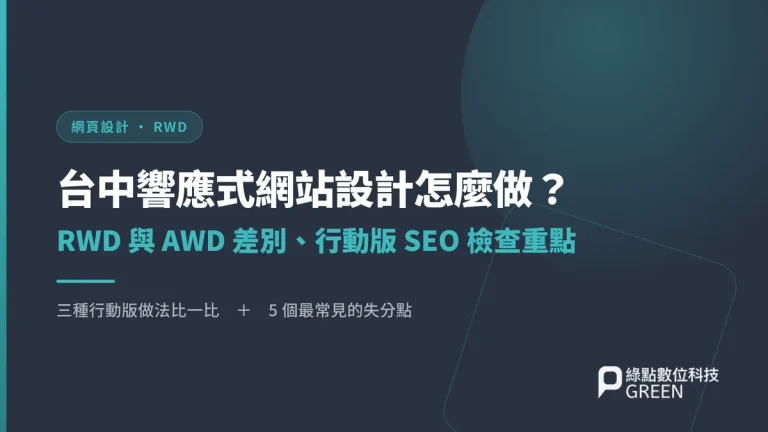 台中響應式網站設計文章封面,標題為 RWD 與 AWD 差別與行動版 SEO 檢查重點